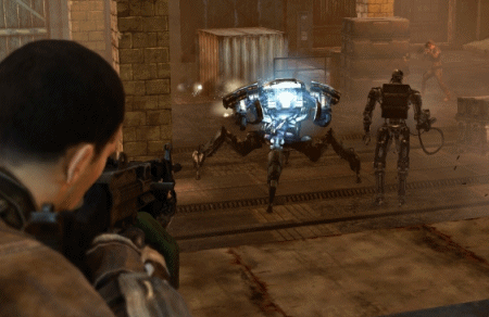 The whole game basically looks like this.  John crouched down shooting at these two robotic pricks for nine levels.
